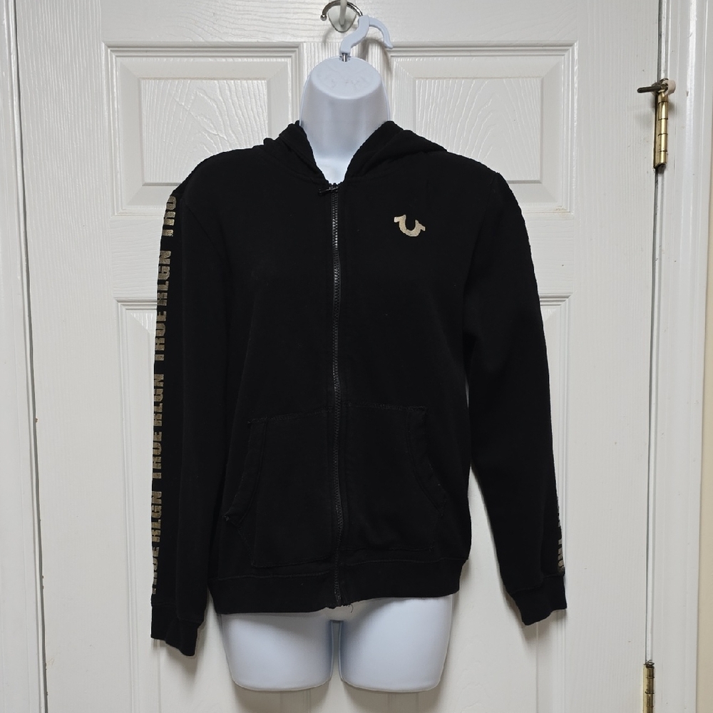 True Relogion Black Zip-Up Hoodie with Gold Logo